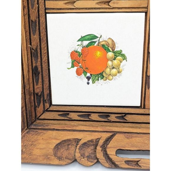 Vintage MCM Hand Carved Wood SERVING TRAY Ceramic Fruit Art Tile Trivet Mexico - Picture 9 of 10